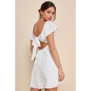 Lulus Heavenly Cutie White Embroidered Tie-Back Mini Dress NWT Size L Large